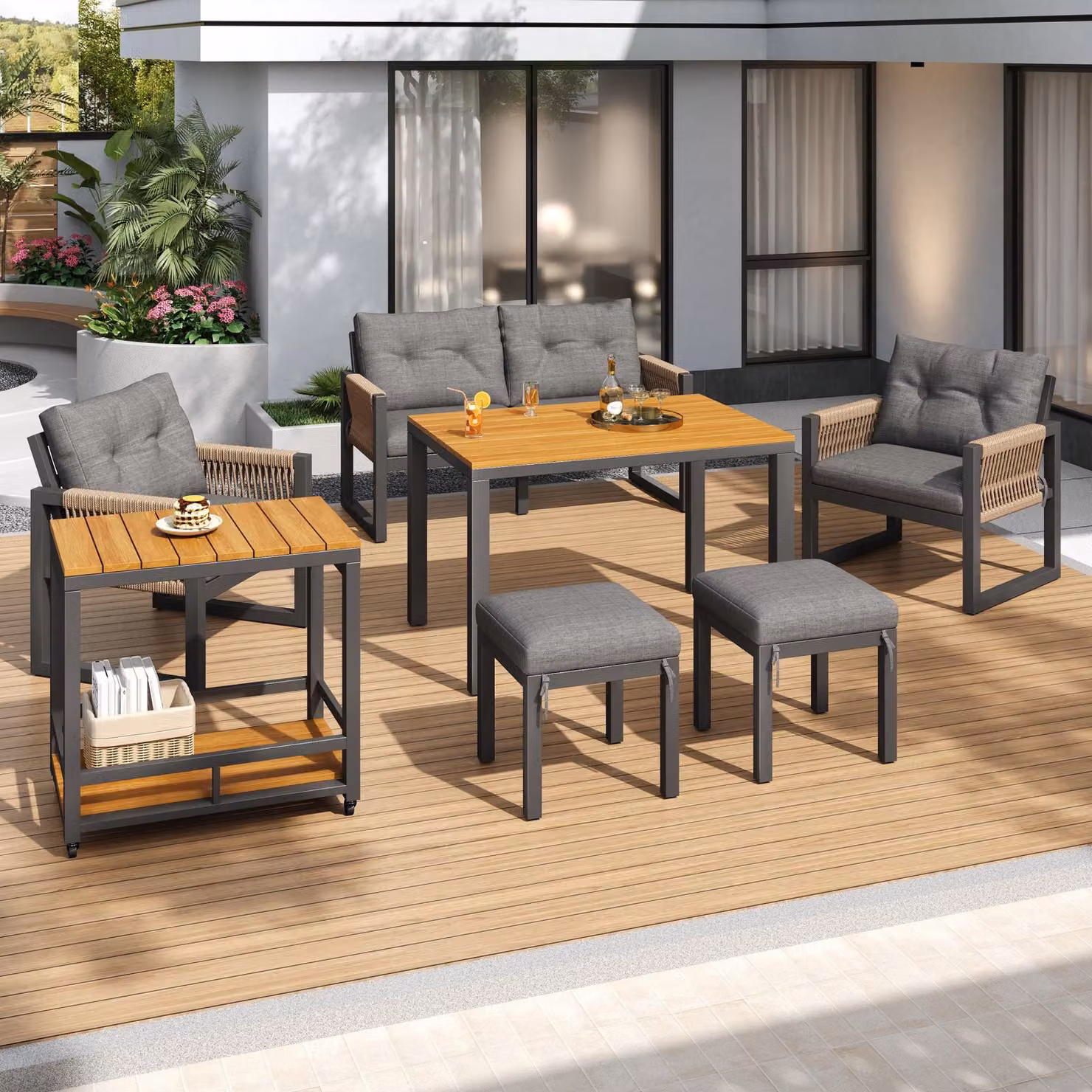 Set di mobili da giardino Merax Set divano da esterno con tavolo, salotto da giardino per più persone con struttura in ferro e braccioli intrecciati, cuscini di seduta, grigio+naturale