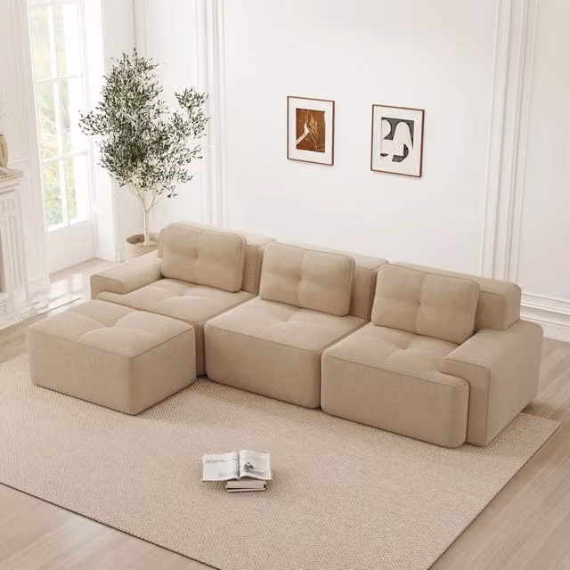 Divano modulare nuvola a L 3 posti in velluto a coste beige 293x177x69 cm