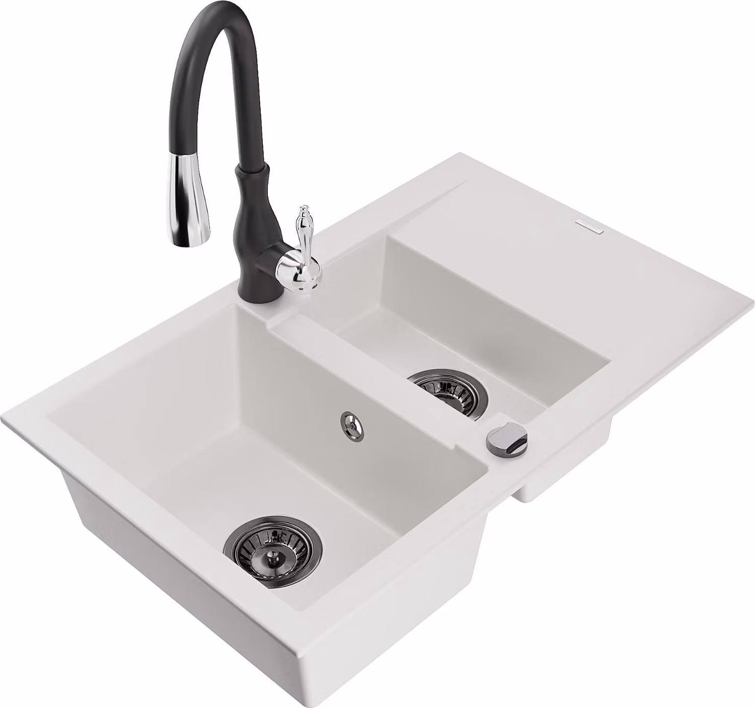 Mexen Gaspar lavello in granito 1,5 vasche con scolapiatti e miscelatore da cucina Savita, bianco - 6507-20-672601-70