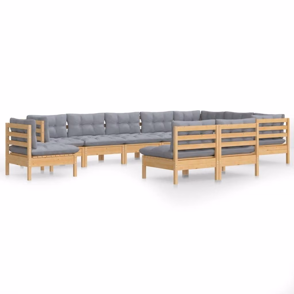 Set Divani da Giardino 10 pz con Cuscini Grigi Massello di Pino