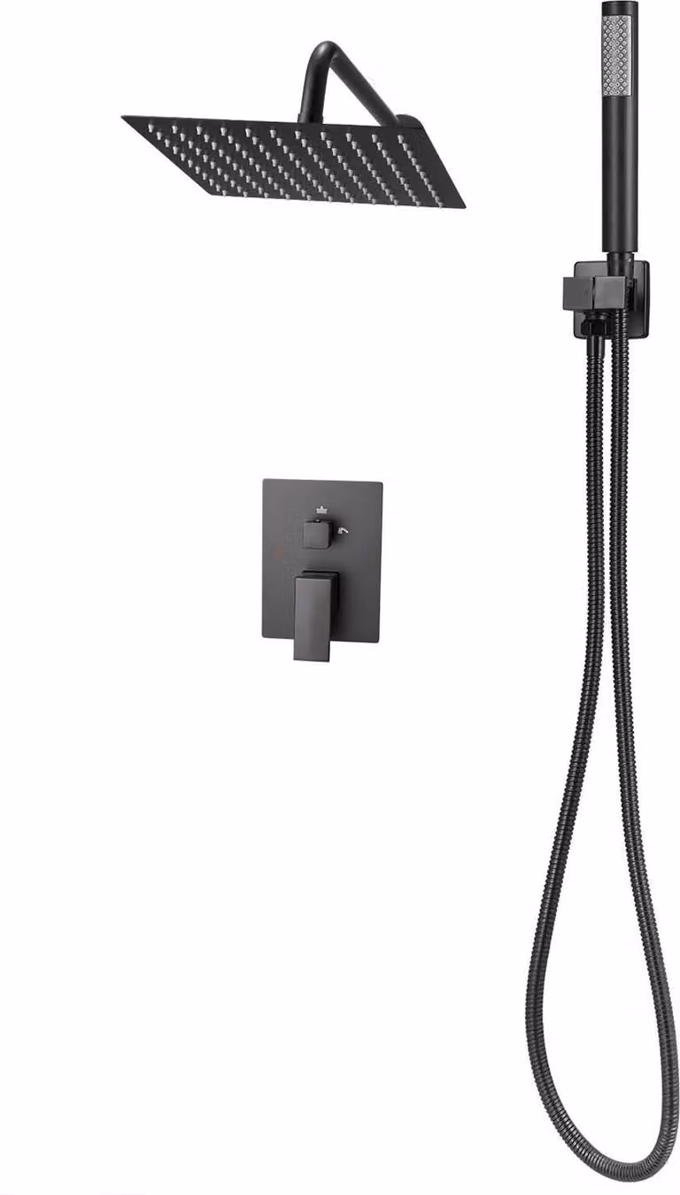 SucceBuy miscelatore doccia a pioggia per bagno con soffione a pioggia quadrato da 254 mm e doccetta, set doccia a parete con valvola in ottone ed elementi decorativi, nero opaco