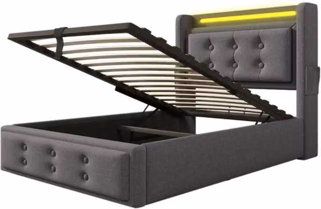 Letto imbottito singolo 90x200 cm con testata in pelle, funzione di ricarica USB-C, struttura idraulica con rete a doghe in legno e metallo, colore grigio