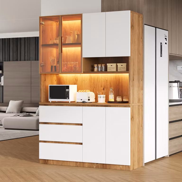 Merax: mobile da cucina con vetrina, illuminazione a LED, 3 cassetti, 6 ante, ripiani, multifunzionale, mobile alto, mobile da buffet, bianco+naturale