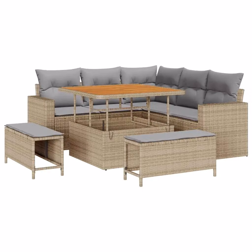 Set Divano da Giardino a L vidaXL 8 pz Beige con Cuscini e Tavolino in Polyrattan e Acciaio – 2