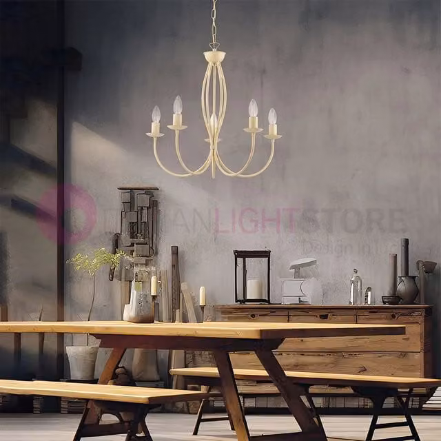 Lampadario a sospensione BAJA BELIGHT in metallo stile classico con 5 luci, colore avorio e beige – 1
