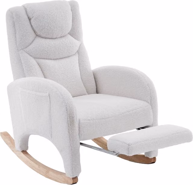 Sedia a dondolo relax DEKO COLLECTION in tessuto bouclé bianco con braccioli, design moderno ed ergonomico per soggiorno o camera da letto, L/P/H: 66 x 99 x 125,5 cm