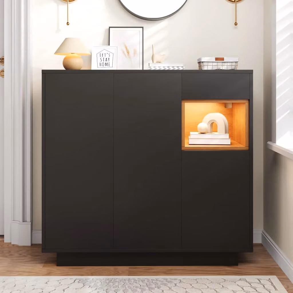 Mobile porta scarpe Zephmum con illuminazione integrata e ante soft-close, nero e marrone, L: 100,5 cm, H: 100,5 cm, P: 39,5 cm – 2