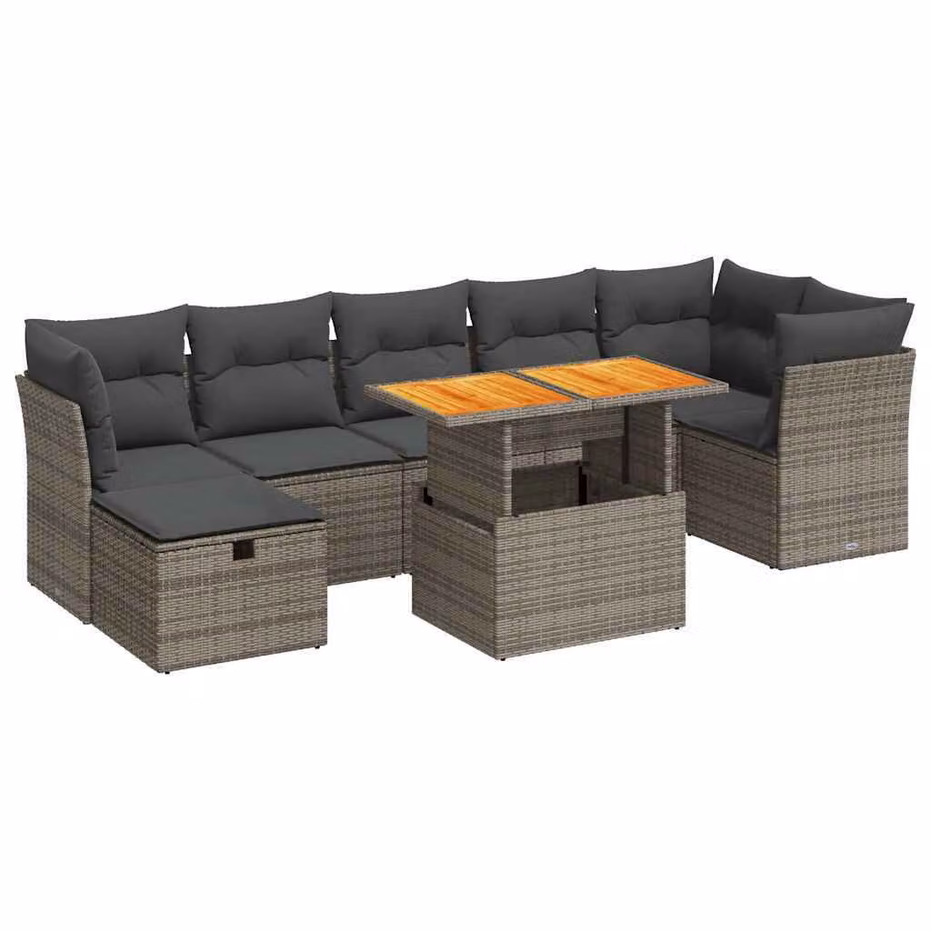 Set Divano da Giardino 8pz con Cuscini Grigio Polyrattan Acacia