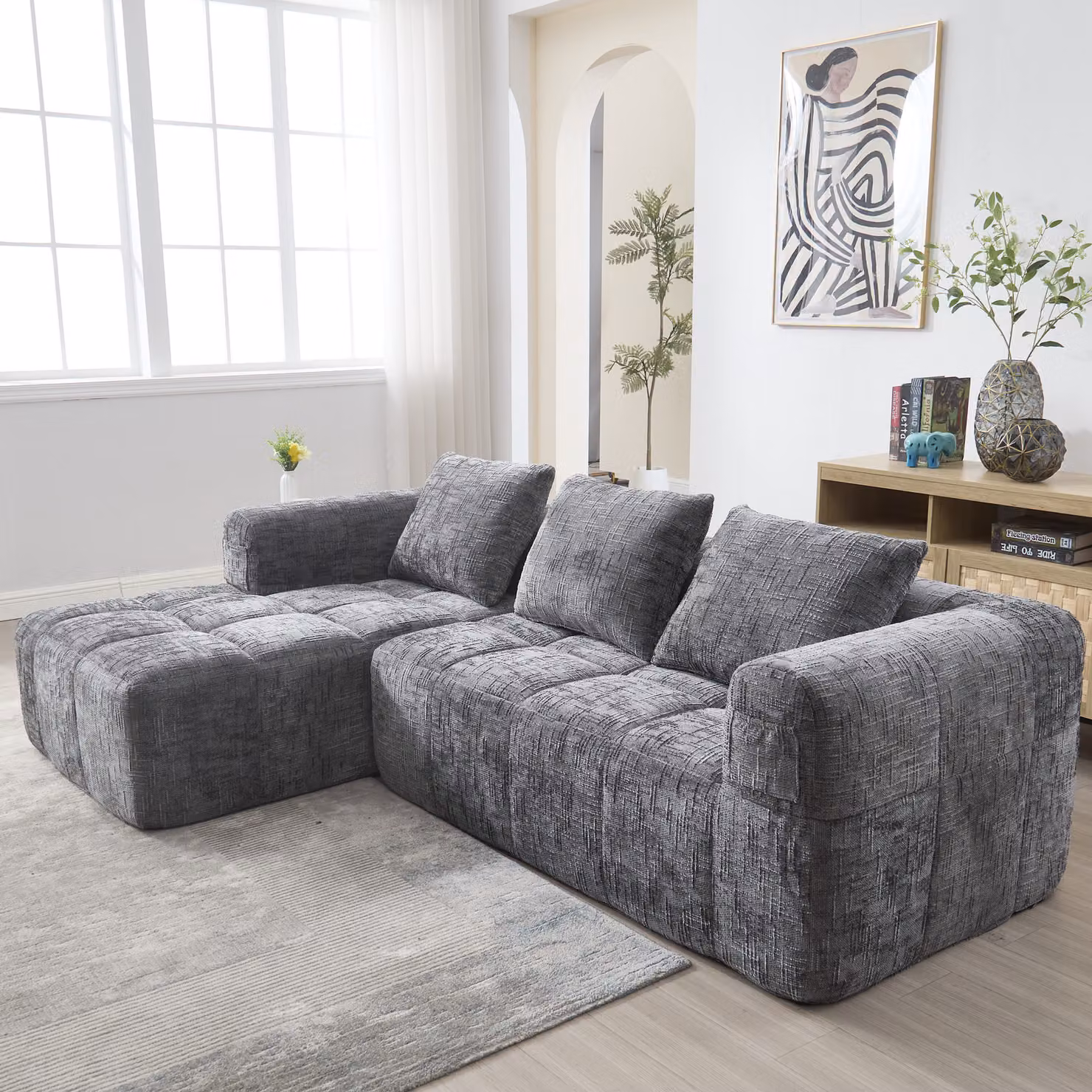 MODFU L-Sofa, divano modulare, divano moderno, divano ad angolo, divano in velluto con braccioli e tre cuscini, divano da soggiorno, tasca laterale per il telecomando, grigio