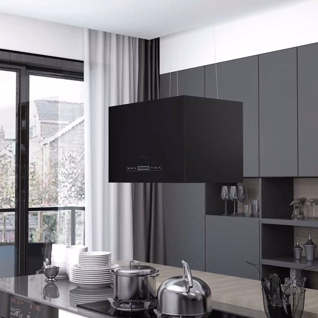 Cappa da cucina ad isola sospesa vidaXL in acciaio inossidabile nero con display LED e timer, sistema a ricircolo con carboni attivi, 55 cm – 1