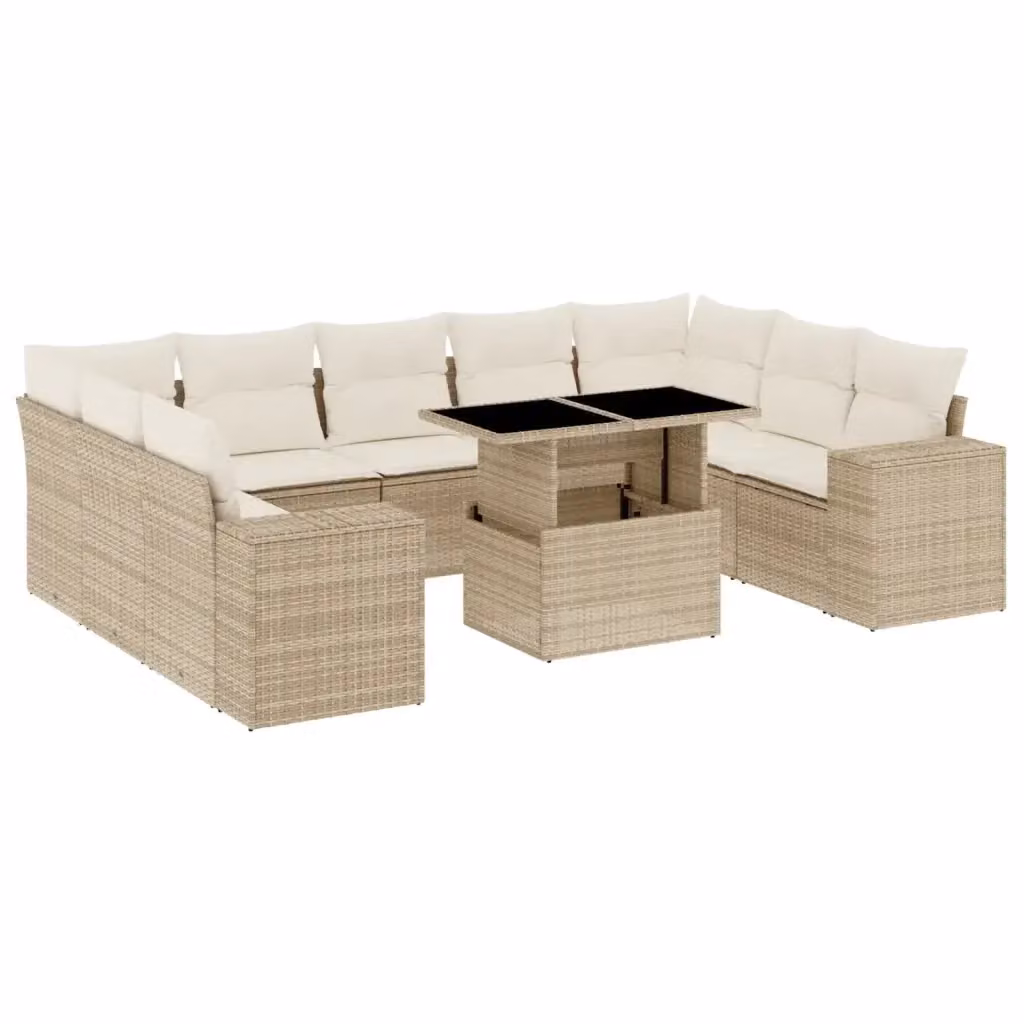 vidaXL Set Divano da Giardino a L 10 pz con Cuscini Beige e Tavolino in Polyrattan e Metallo – 2