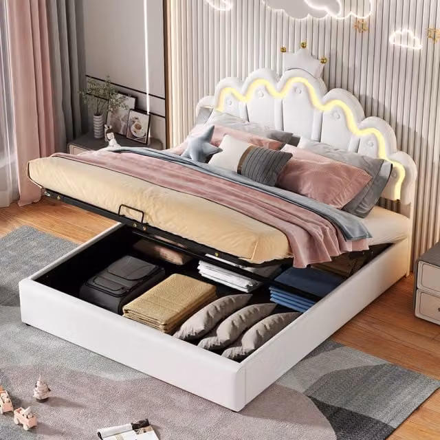 Letto imbottito principessa 140x200 cm con illuminazione d'ambiente regolabile e cornice a corona - Bianco