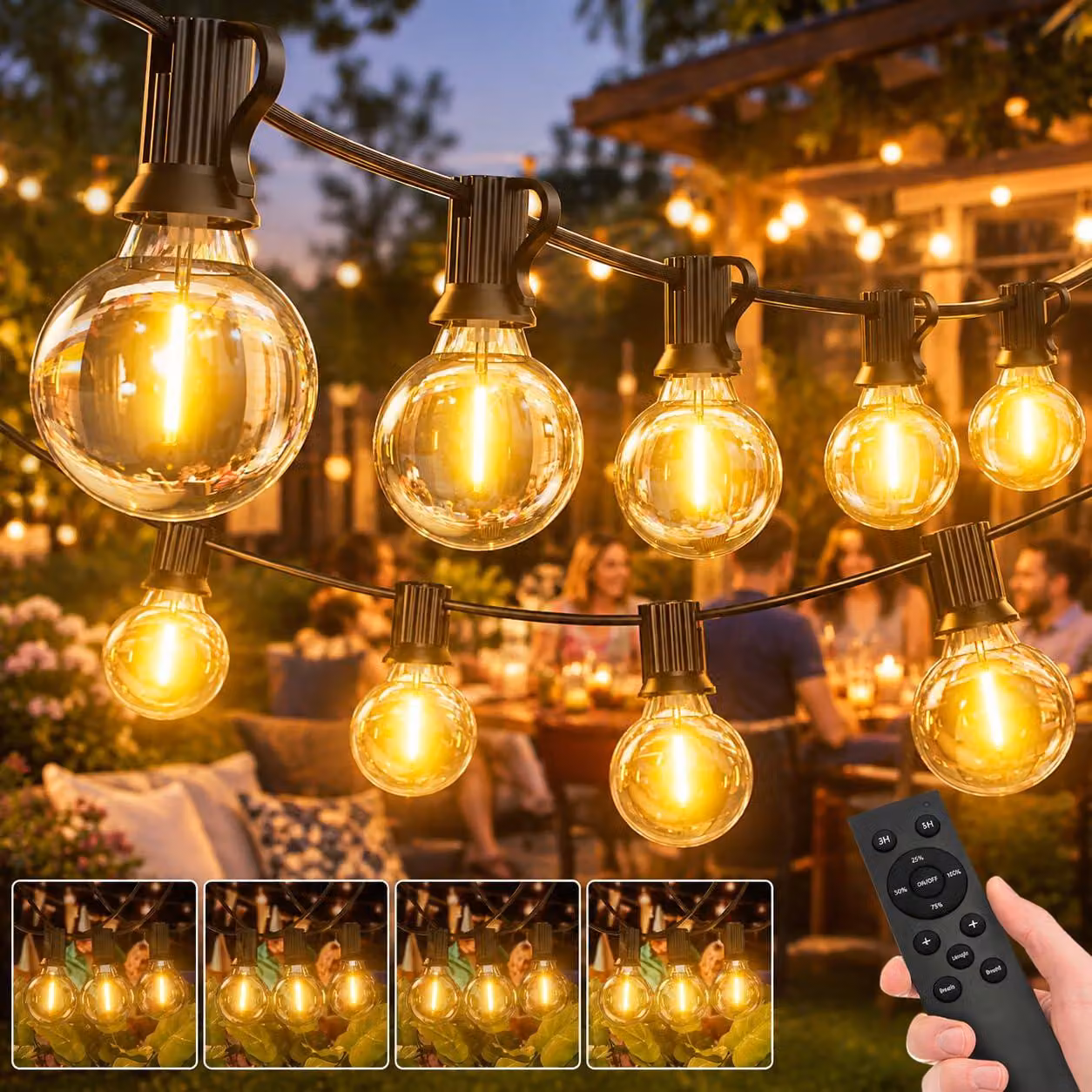 Catena luminosa da 60 metri, con dimmer, 78+2 lampadine LED G40, telecomando, grado di protezione IP44