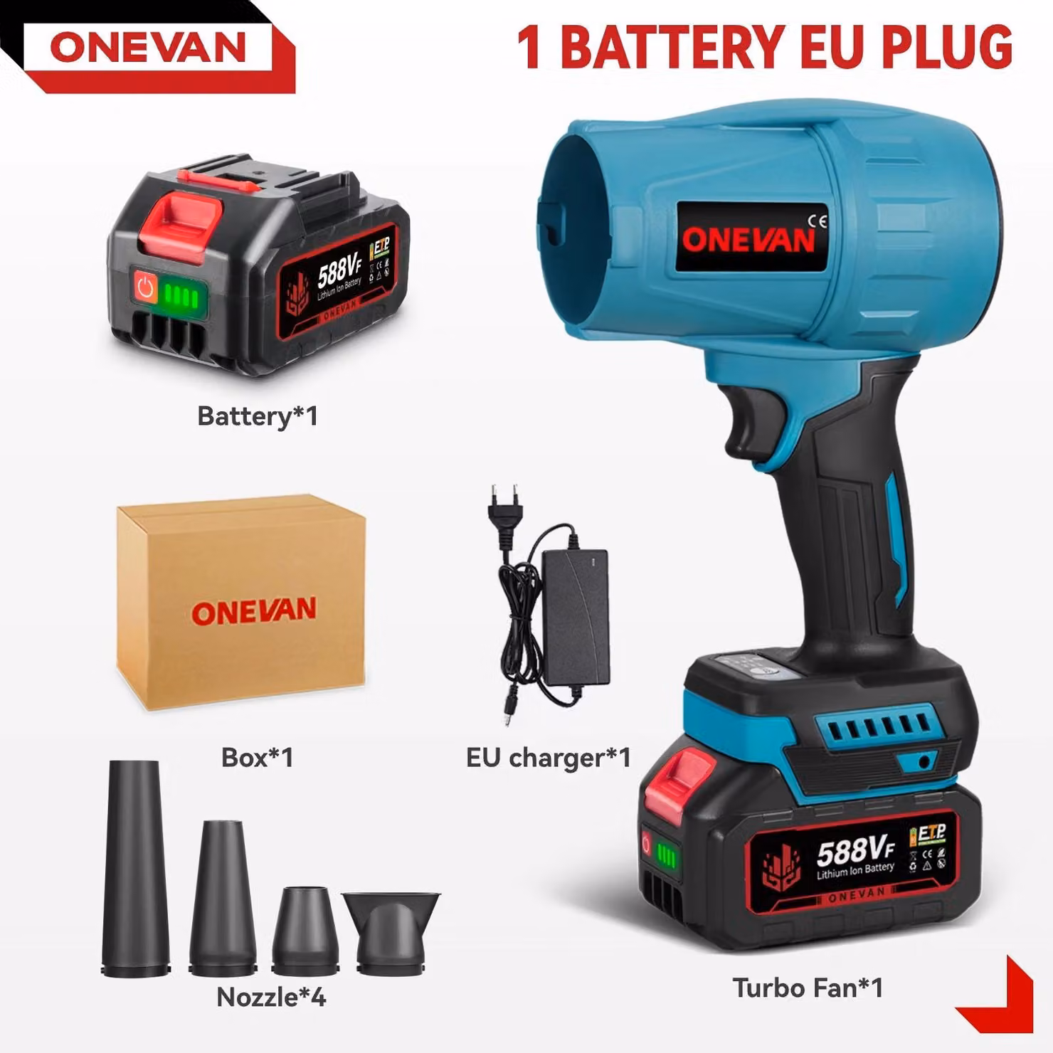 Soffiatore elettrico per foglie - Motore turbo brushless - 300.000 giri/min - Senza fili - 18 V - 1 batteria + caricabatterie UE