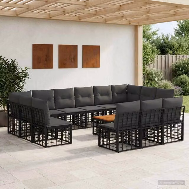 Set di divani da esterno a forma di L vidaXL con tavolino da caffè, colore nero e grigio, struttura in metallo e cuscini inclusi per giardino e terrazza