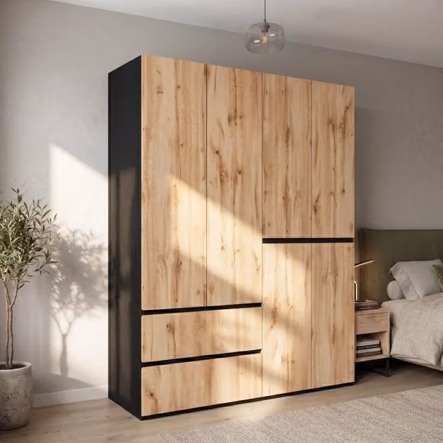 Armadio 180x50x200 cm con 2 barre appendiabiti e 5 cassetti in MDF e truciolare naturale