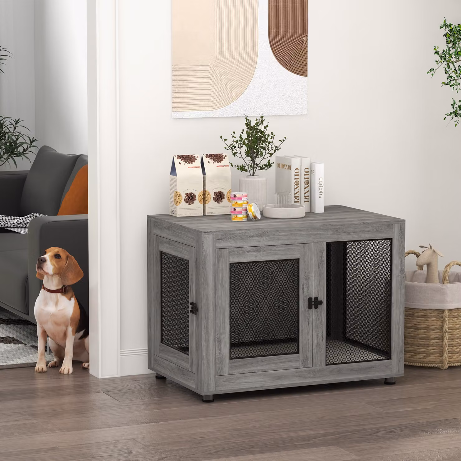 Gabbia per cani e cuccioli PawHut in metallo grigio con cuscino idrorepellente e piano, L: 94 cm, P: 60 cm, H: 71,5 cm – 2