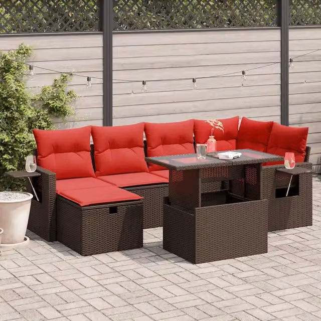 Set Divani da Giardino 7 pz con Cuscini Marrone in Polyrattan 3274984