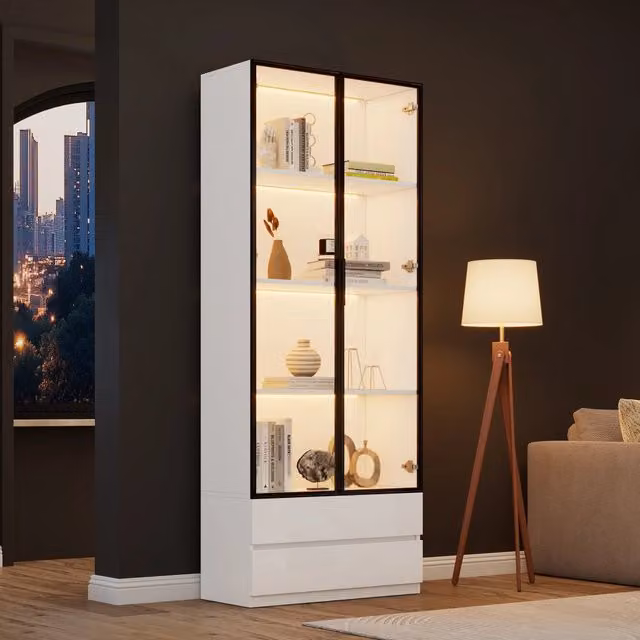 Vetrina bianca con luci led e cassetti; mobile alto 200 cm; 80x34x200