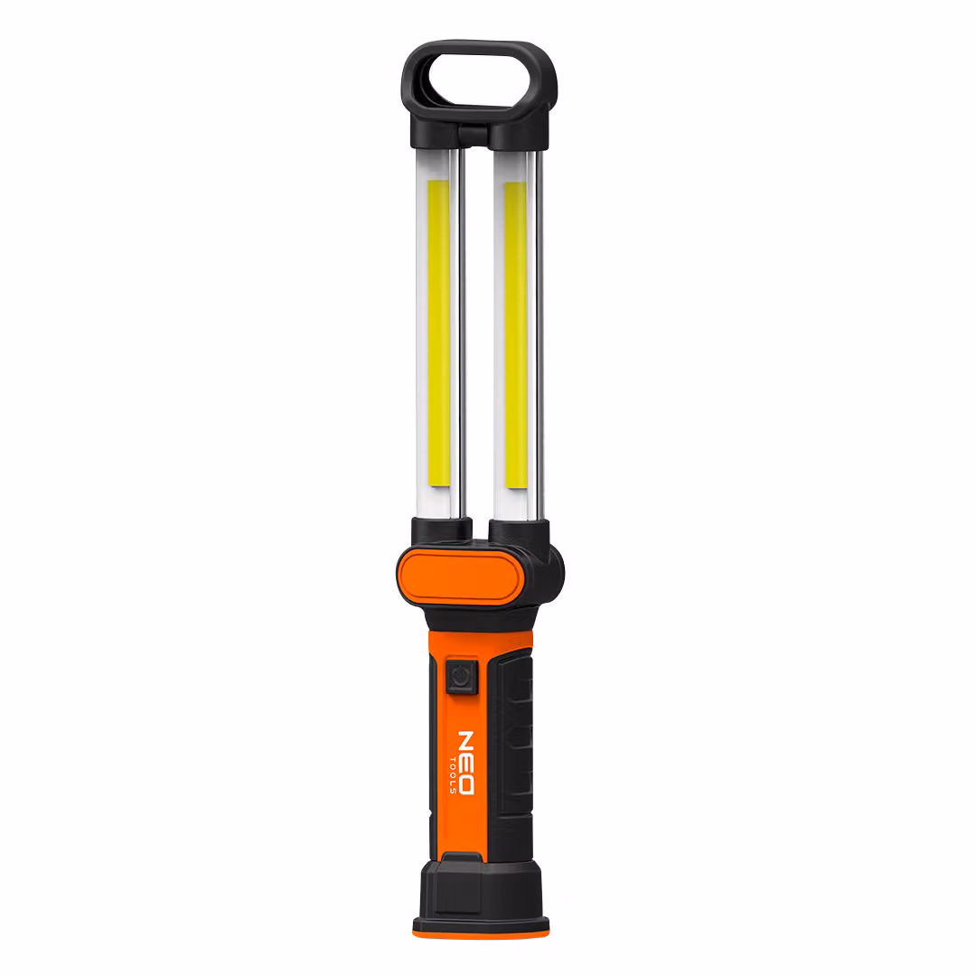 NEO TOOLS lampada ricaricabile per officina 500 lm, 6W, COB LED, pieghevole, magnete, gancio, batteria agli ioni di litio 3,7V 2400mAh, materiale ABS, IP20, tempo di ricarica 3,5h, tempo di funzionamento 4h (al 50% di potenza)