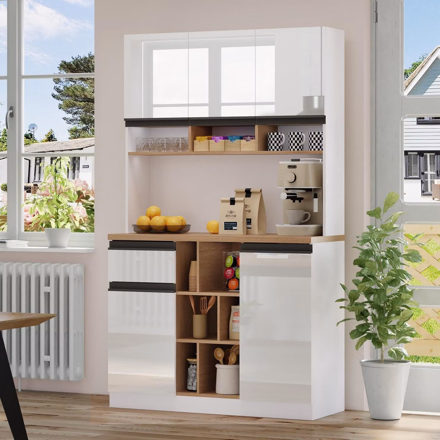 Mobiletto da cucina, credenza, buffet, 105x45x185 cm, bianco lucido, con cassetti e ripiani aperti