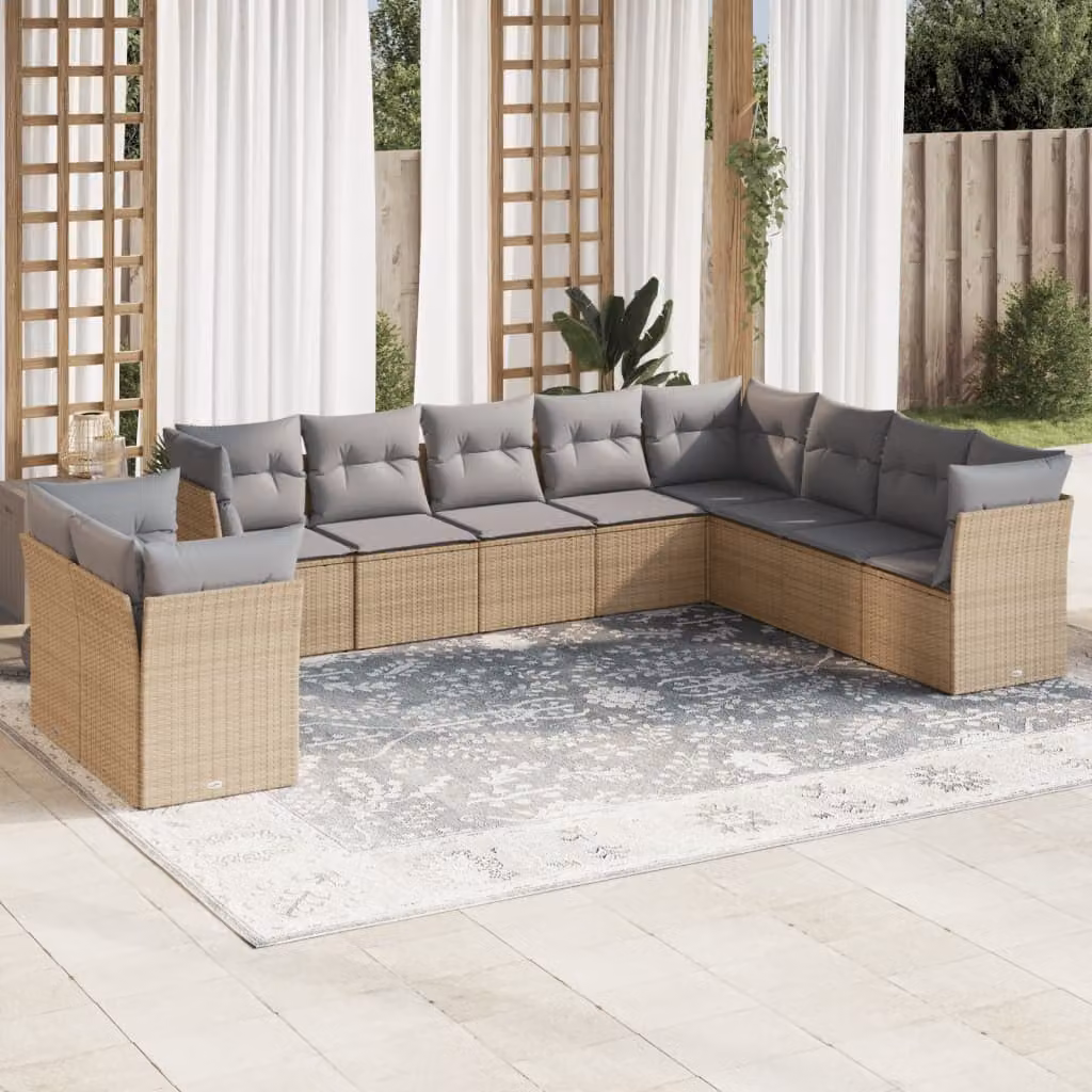 vidaXL Set Divano da Giardino 10 pz a L in Polyrattan con Cuscini Beige e Grigio – 1