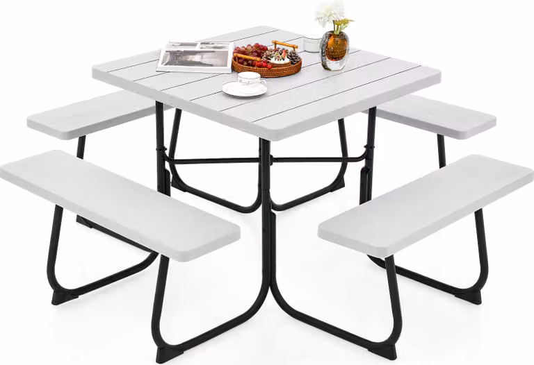COSTWAY Set di sedute per 8 persone, mobili da giardino con foro per ombrellone e 4 panche, tavolo da giardino bianco