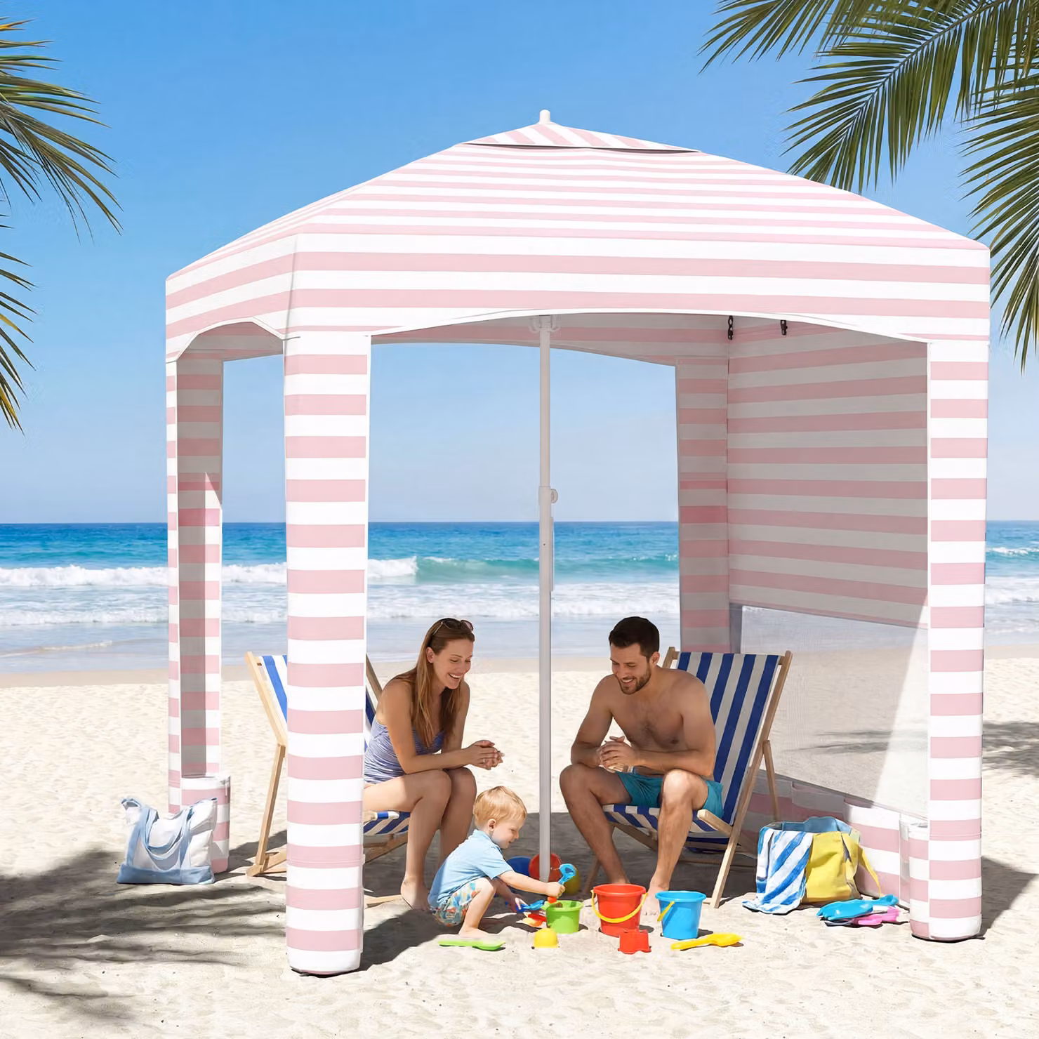 Costway Tenda da spiaggia con parete laterale rimovibile e borsa portatile, Gazebo da esterno regolabile in altezza, Rosa