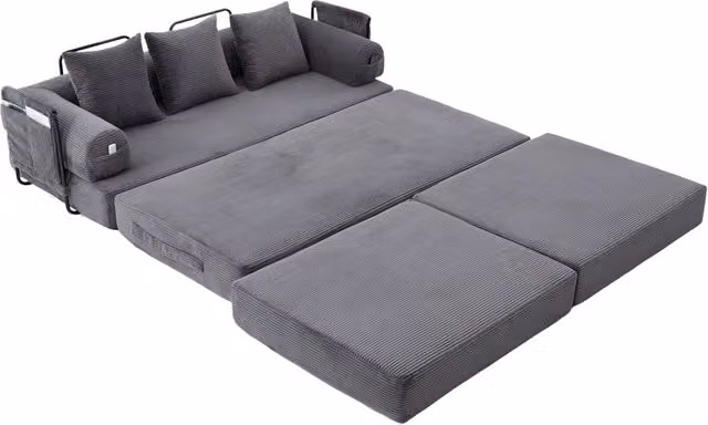 Divano modulare a L Chicfurn in tessuto a righe grigio con struttura in metallo e 3 cuscini L/P/H: 200 x 67 x 64,7 cm