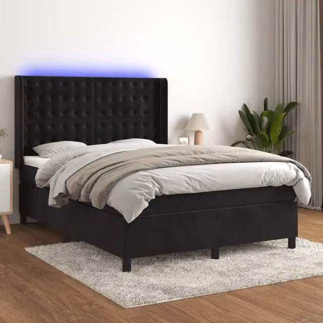 Letto Ibrido vidaXL in Velluto Nero con Illuminazione LED e Porte USB L/P/H: 140 x 190 x 128 cm – 1