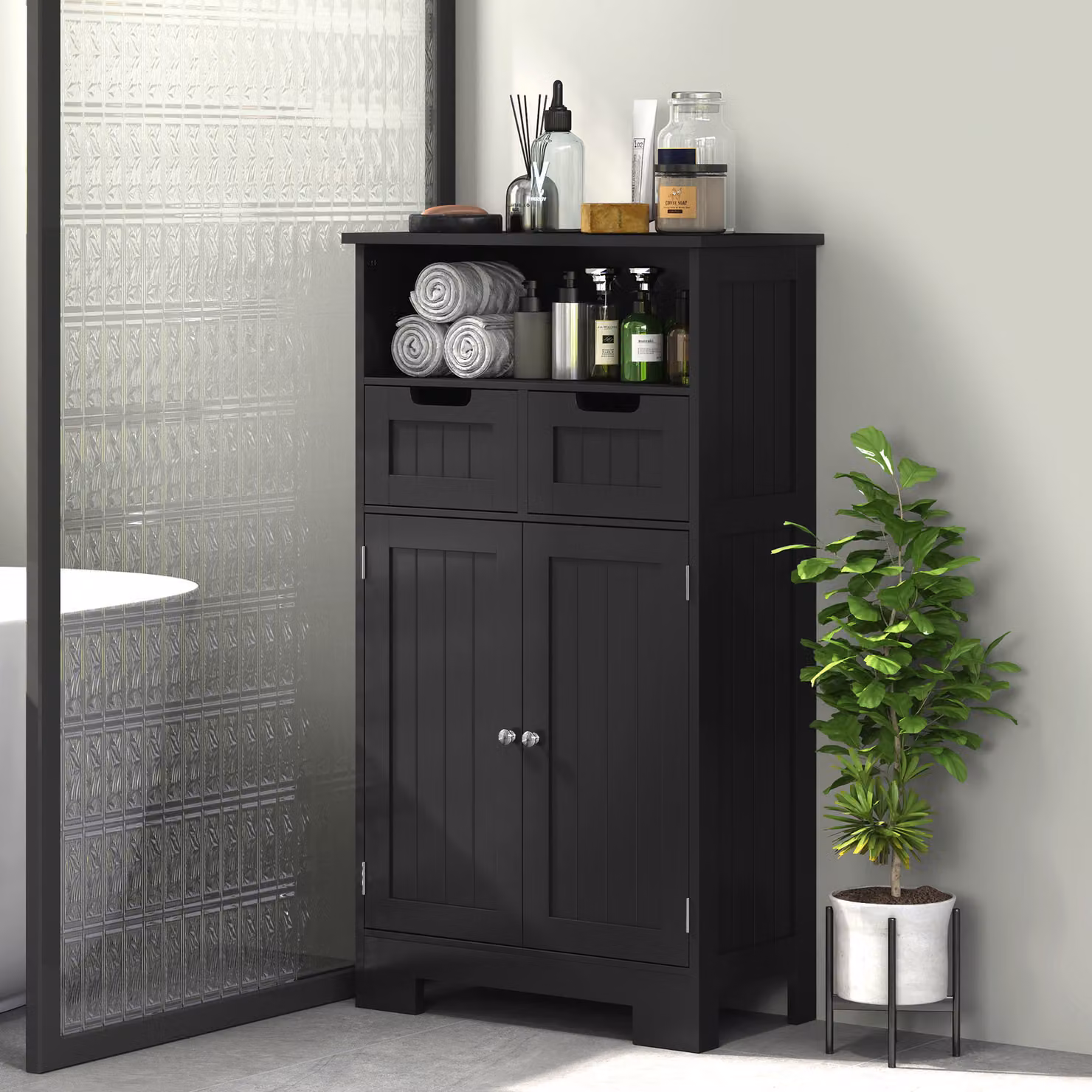 Mobile basso da bagno kleankin nero con 2 cassetti e armadietto a doppia anta in stile moderno – 2