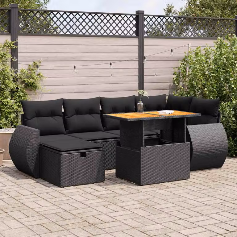 Set di divani da giardino vidaXL a forma di L in polyrattan nero con cuscini e tavolino da esterno