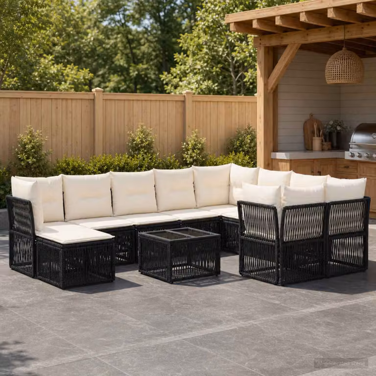 Set Divano da Giardino vidaXL 11 pz Nero in Polyrattan con Cuscini e Tavolino da Esterno a Forma di U