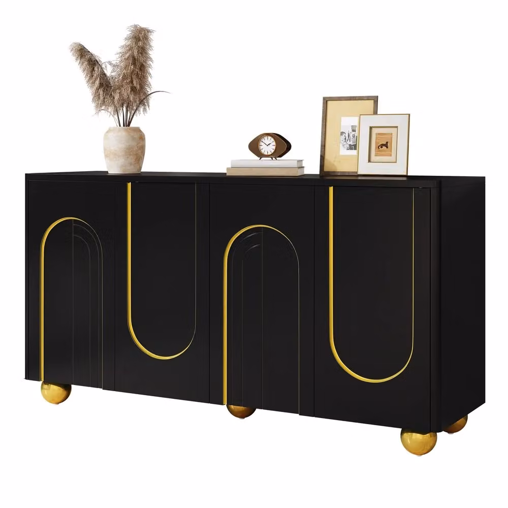Credenza Minimal con 4 ante e decorazioni dorate, mobile moderno in legno e metallo per soggiorno o ingresso, Nero e Oro, L: 140 cm, P: 40 cm, H: 74 cm – 2