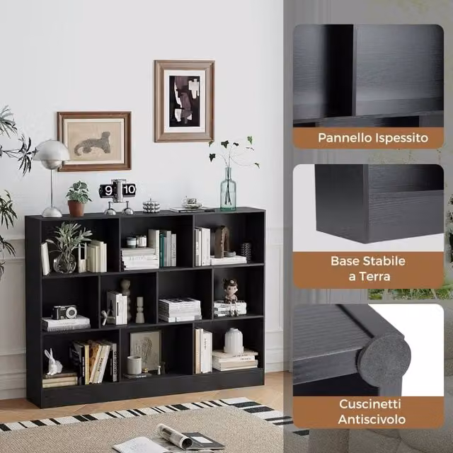Libreria a 10 Cubi in Legno MDF 140cm Mobile Scaffale Portaoggetti a 3 Livelli con 2 Kit Antiribaltamento Robusto per Casa Ufficio Nero