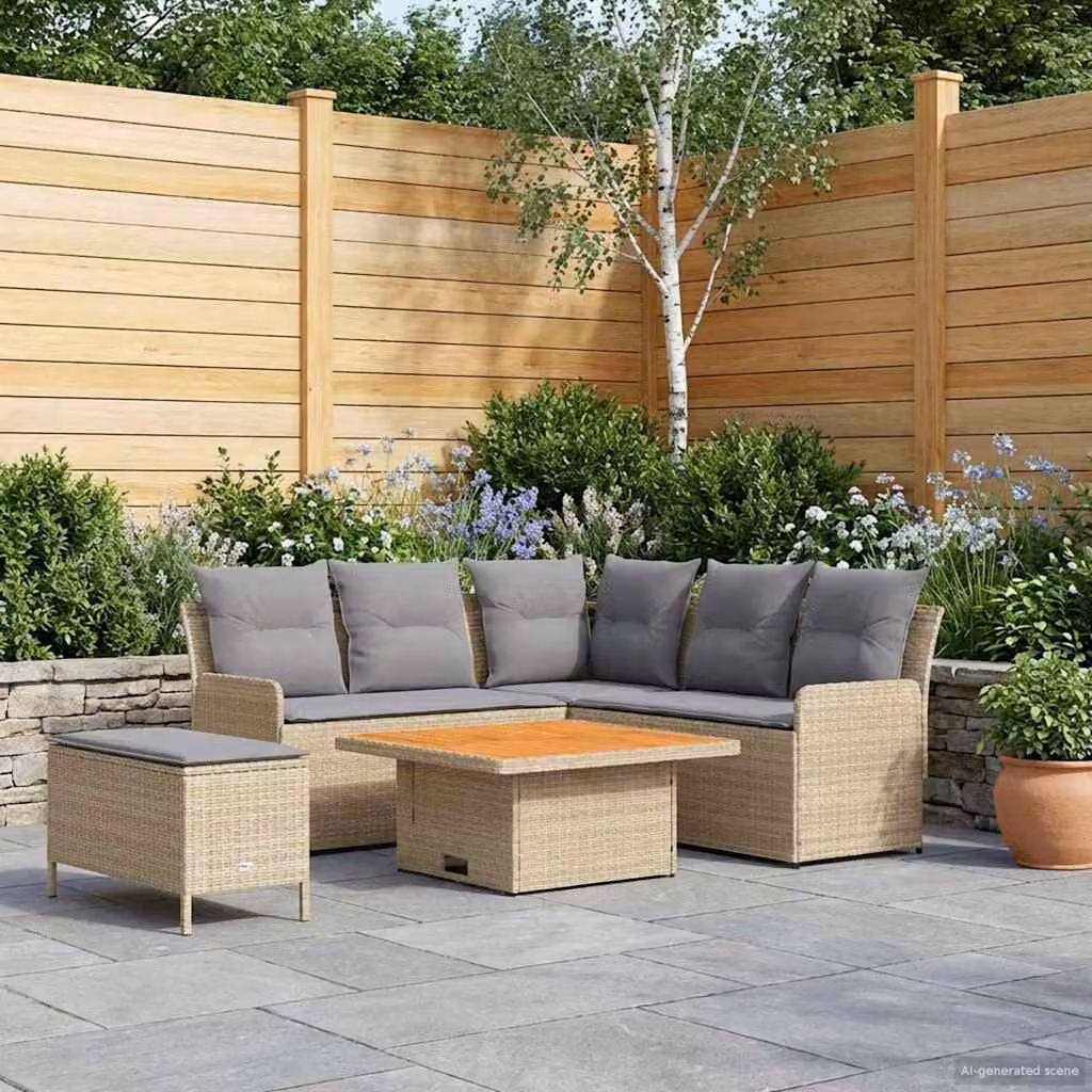 Set di mobili da giardino e soggiorno vidaXL 5 pezzi in rattan PE e legno di acacia, colori beige e grigio