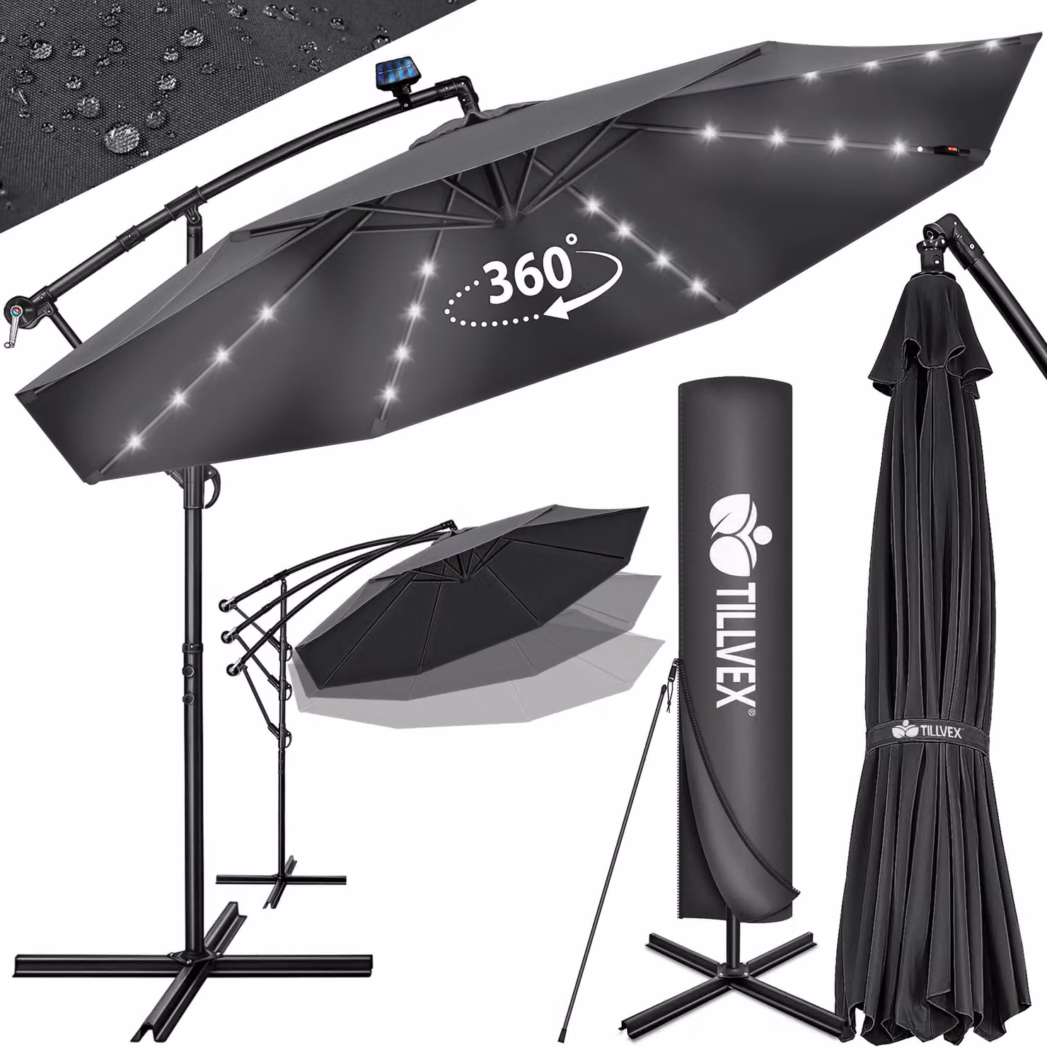 tillvex ombrellone a sbalzo in alluminio antracite LED solare Ø 350 cm con manovella | ombrellone con interruttore on/off | ombrellone da giardino protezione UV alluminio | ombrellone a manovella con supporto ombrellone da mercato impermeabile