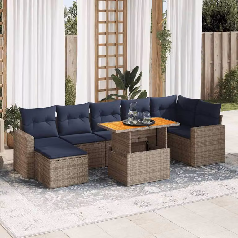 Set Divano da Giardino a L vidaXL 8 Pezzi con Cuscini e Tavolino, Polyrattan Grigio e Blu con Struttura in Acciaio