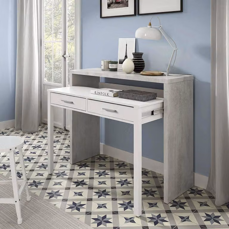 Dmora Scrivania Andriy 36x98.5x87.5h cm Bianco, 2 Cassetti Materiale Piano in Legno Nobilitato