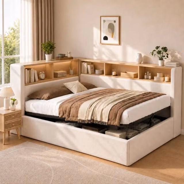 Letto imbottito, divano letto, 140 x 200 cm, con vano portaoggetti, luci a LED, presa di ricarica USB, in velluto, beige