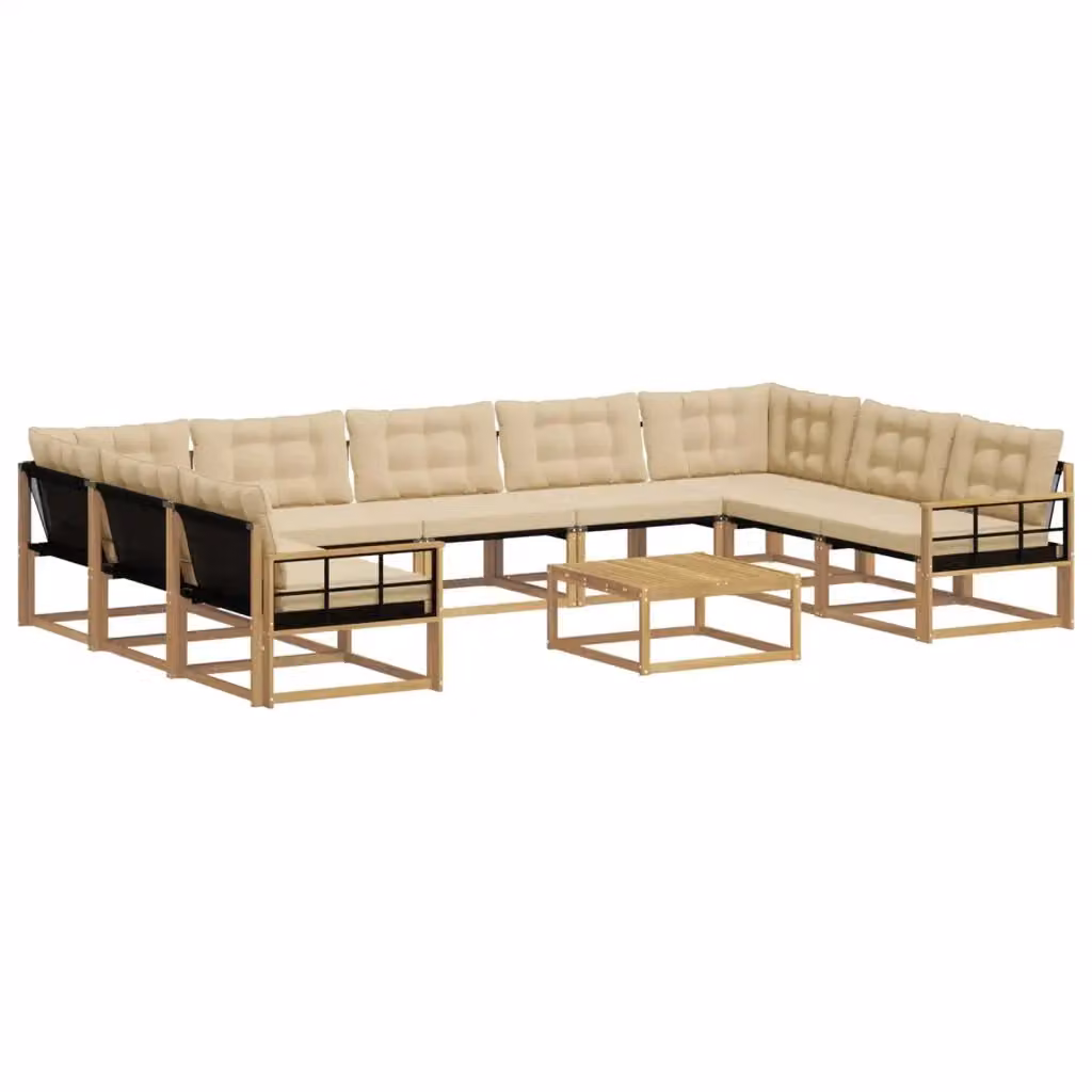 Set di divani da esterno a forma di U vidaXL in legno di acacia con tavolino e cuscini, Bianco e Beige – 2