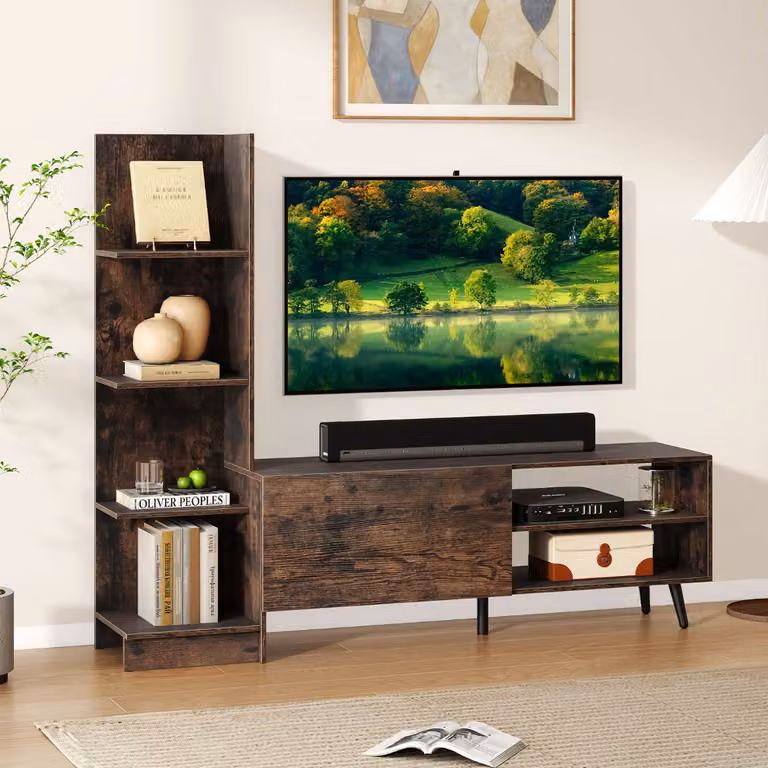 Costway Centro di intrattenimento con libreria e mensola regolabile, Mobile porta TV per televisori fino a 50 pollici Noce
