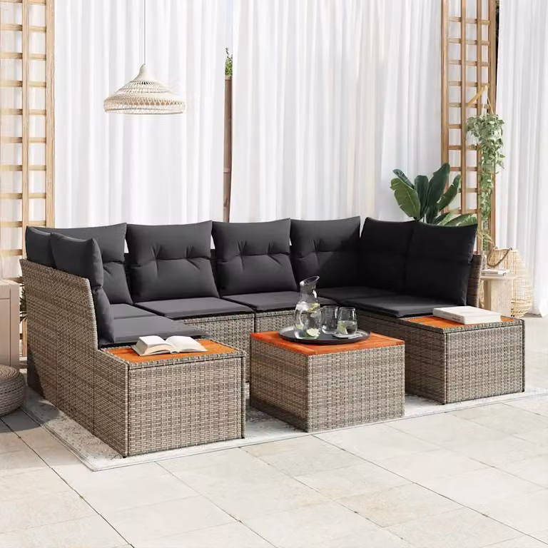 Set Divano da Giardino a L vidaXL 6 Pezzi Grigio con Cuscini e Tavolino in Metallo e Rattan