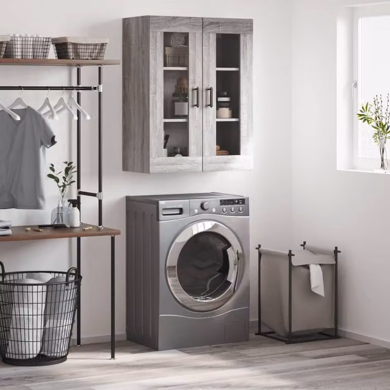 Mobile a parete vidaXL moderno in legno e vetro con ante in vetro, Grigio Sonoma, L: 69,5 cm, P: 34 cm, H: 90 cm