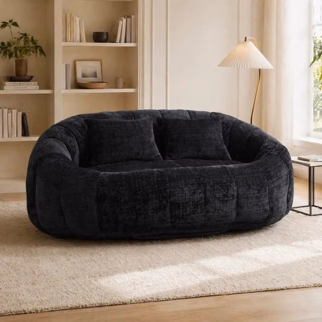 Divano a sacco in ciniglia nera con imbottitura in schiuma; 150 × 95 × 63 cm