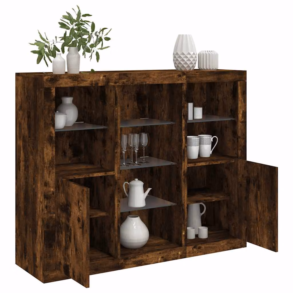 Set di 3 credenze moderne vidaXL con luci LED integrate in legno multistrato color rovere fumo marrone