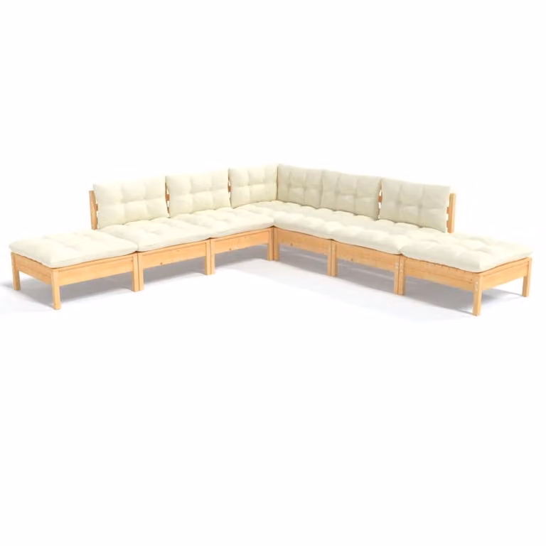 Set Salotto da Giardino 7pz con Cuscini Crema in Legno di Pino