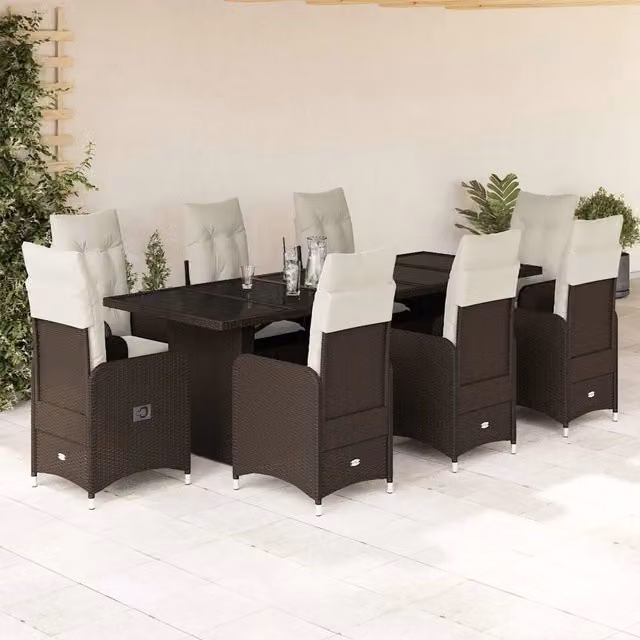 Set Bistrò da Giardino vidaXL in Polyrattan Marrone e Bianco con Cuscini e Tavolo in Vetro, 9 Pezzi