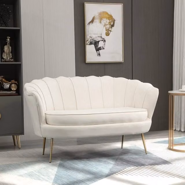 Divano a 2 posti REDOM in velluto bianco con struttura in metallo stile vintage L: 130 cm, P: 77 cm, H: 77 cm – 1