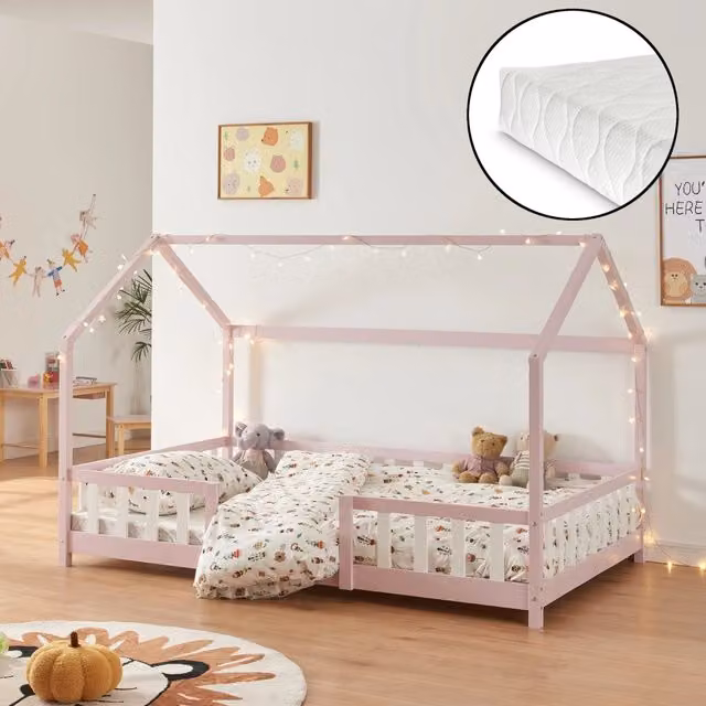 Letto per Cameretta Sisimiut a Forma di Casetta con Materasso 140x200 cm Rosa / Bianco [en.casa] [neu.haus]